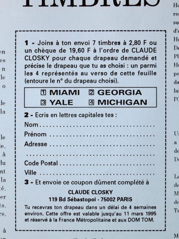 Claude Closky, ‘Les drapeaux [The Flags]’, 1995, March. Marseille: revue R.R. 61 (Christophe Tarkos), back cover, 10 x 8 cm insert.